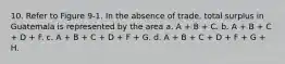 10. Refer to Figure 9-1. In the absence of trade, total surplus in Guatemala is represented by the area a. A + B + C. b. A + B + C + D + F. c. A + B + C + D + F + G. d. A + B + C + D + F + G + H.