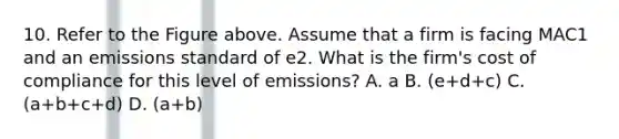 10. Refer to the Figure above. Assume that a firm is facing MAC1 and an emissions standard of e2. What is the firm's cost of compliance for this level of emissions? A. a B. (e+d+c) C. (a+b+c+d) D. (a+b)