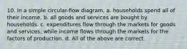 10. In a simple circular-flow diagram, a. households spend all of their income. b. all goods and services are bought by households. c. expenditures flow through the markets for goods and services, while income flows through the markets for the factors of production. d. All of the above are correct.
