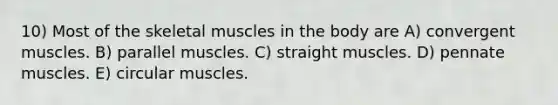 10) Most of the skeletal muscles in the body are A) convergent muscles. B) parallel muscles. C) straight muscles. D) pennate muscles. E) circular muscles.