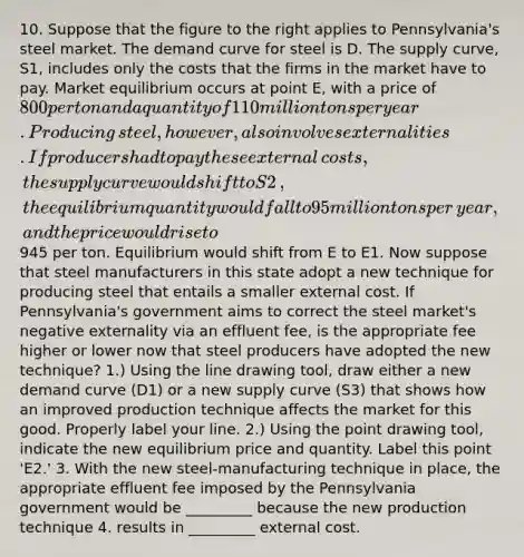 10. Suppose that the figure to the right applies to​ Pennsylvania's steel market. The demand curve for steel is D. The supply​ curve, S1​, includes only the costs that the firms in the market have to pay. Market equilibrium occurs at point​ E, with a price of​ 800 per ton and a quantity of 110 million tons per year. Producing​ steel, however, also involves externalities. If producers had to pay these external​ costs, the supply curve would shift to S2​, the equilibrium quantity would fall to 95 million tons per​ year, and the price would rise to ​945 per ton. Equilibrium would shift from E to E1. Now suppose that steel manufacturers in this state adopt a new technique for producing steel that entails a smaller external cost. If​ Pennsylvania's government aims to correct the steel​ market's negative externality via an effluent​ fee, is the appropriate fee higher or lower now that steel producers have adopted the new​ technique? ​1.) Using the line drawing​ tool, draw either a new demand curve ​(D1​) or a new supply curve ​(S3​) that shows how an improved production technique affects the market for this good. Properly label your line. ​2.) Using the point drawing tool​, indicate the new equilibrium price and quantity. Label this point ​'E2​.' 3. With the new​ steel-manufacturing technique in​ place, the appropriate effluent fee imposed by the Pennsylvania government would be _________ because the new production technique 4. results in _________ external cost.