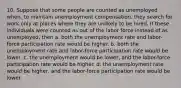 10. Suppose that some people are counted as unemployed when, to maintain unemployment compensation, they search for work only at places where they are unlikely to be hired. If these individuals were counted as out of the labor force instead of as unemployed, then a. both the unemployment rate and labor-force participation rate would be higher. b. both the unemployment rate and labor-force participation rate would be lower. c. the unemployment would be lower, and the labor-force participation rate would be higher. d. the unemployment rate would be higher, and the labor-force participation rate would be lower.