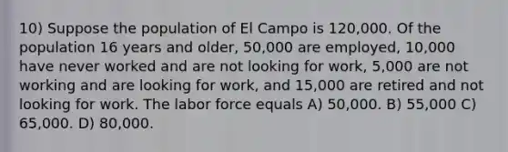 10) Suppose the population of El Campo is 120,000. Of the population 16 years and older, 50,000 are employed, 10,000 have never worked and are not looking for work, 5,000 are not working and are looking for work, and 15,000 are retired and not looking for work. The labor force equals A) 50,000. B) 55,000 C) 65,000. D) 80,000.