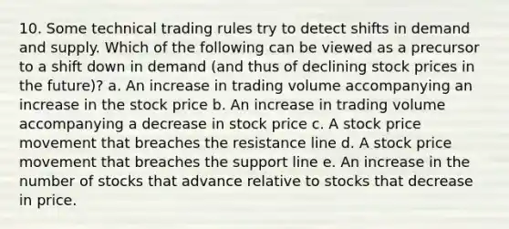 10. Some technical trading rules try to detect shifts in demand and supply. Which of the following can be viewed as a precursor to a shift down in demand (and thus of declining stock prices in the future)? a. An increase in trading volume accompanying an increase in the stock price b. An increase in trading volume accompanying a decrease in stock price c. A stock price movement that breaches the resistance line d. A stock price movement that breaches the support line e. An increase in the number of stocks that advance relative to stocks that decrease in price.