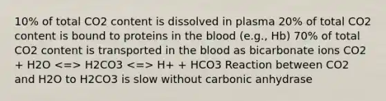 10% of total CO2 content is dissolved in plasma 20% of total CO2 content is bound to proteins in the blood (e.g., Hb) 70% of total CO2 content is transported in the blood as bicarbonate ions CO2 + H2O H2CO3 H+ + HCO3 Reaction between CO2 and H2O to H2CO3 is slow without carbonic anhydrase