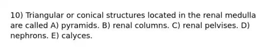 10) Triangular or conical structures located in the renal medulla are called A) pyramids. B) renal columns. C) renal pelvises. D) nephrons. E) calyces.