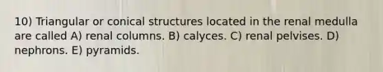 10) Triangular or conical structures located in the renal medulla are called A) renal columns. B) calyces. C) renal pelvises. D) nephrons. E) pyramids.