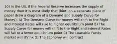 10) In the US, if the Federal Reserve increases the supply of money then it is most likely that (hint: on a separate piece of paper draw a diagram of a Demand and Supply Curve for Money): A) The Demand Curve for money will shift to the Right and Interest Rates will rise to higher equilibrium point B) The Supply Curve for money will shift to the Right and Interest Rates will fall to a lower equilibrium point C) The Loanable Funds market will shrink D) The Economy will contract