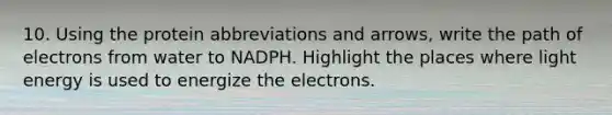 10. Using the protein abbreviations and arrows, write the path of electrons from water to NADPH. Highlight the places where light energy is used to energize the electrons.