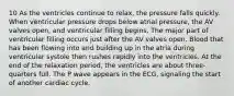 10 As the ventricles continue to relax, the pressure falls quickly. When ventricular pressure drops below atrial pressure, the AV valves open, and ventricular filling begins. The major part of ventricular filling occurs just after the AV valves open. Blood that has been flowing into and building up in the atria during ventricular systole then rushes rapidly into the ventricles. At the end of the relaxation period, the ventricles are about three-quarters full. The P wave appears in the ECG, signaling the start of another cardiac cycle.