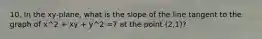 10. In the xy-plane, what is the slope of the line tangent to the graph of x^2 + xy + y^2 =7 at the point (2,1)?