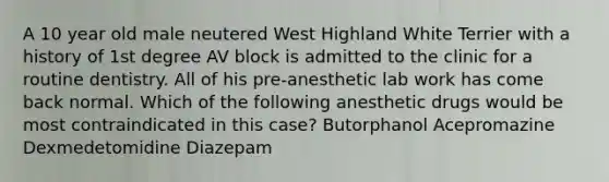 A 10 year old male neutered West Highland White Terrier with a history of 1st degree AV block is admitted to the clinic for a routine dentistry. All of his pre-anesthetic lab work has come back normal. Which of the following anesthetic drugs would be most contraindicated in this case? Butorphanol Acepromazine Dexmedetomidine Diazepam