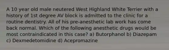 A 10 year old male neutered West Highland White Terrier with a history of 1st degree AV block is admitted to the clinic for a routine dentistry. All of his pre-anesthetic lab work has come back normal. Which of the following anesthetic drugs would be most contraindicated in this case? a) Butorphanol b) Diazepam c) Dexmedetomidine d) Acepromazine