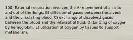 100) External respiration involves the A) movement of air into and out of the lungs. B) diffusion of gases between the alveoli and the circulating blood. C) exchange of dissolved gases between the blood and the interstitial fluid. D) binding of oxygen by hemoglobin. E) utilization of oxygen by tissues to support metabolism.