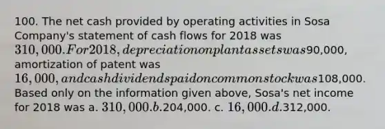 100. The net cash provided by operating activities in Sosa Company's statement of cash flows for 2018 was 310,000. For 2018, depreciation on plant assets was90,000, amortization of patent was 16,000, and cash dividends paid on common stock was108,000. Based only on the information given above, Sosa's net income for 2018 was a. 310,000. b.204,000. c. 16,000. d.312,000.