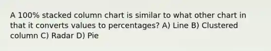 A 100% stacked column chart is similar to what other chart in that it converts values to percentages? A) Line B) Clustered column C) Radar D) Pie