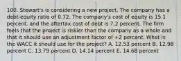 100. Stewart's is considering a new project. The company has a debt-equity ratio of 0.72. The company's cost of equity is 15.1 percent, and the aftertax cost of debt is 7.2 percent. The firm feels that the project is riskier than the company as a whole and that it should use an adjustment factor of +2 percent. What is the WACC it should use for the project? A. 12.53 percent B. 12.98 percent C. 13.79 percent D. 14.14 percent E. 14.68 percent