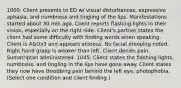 1000: Client presents to ED w/ visual disturbances, expressive aphasia, and numbness and tingling of the lips. Manifestations started about 30 min ago. Client reports flashing lights in their vision, especially on the right side. Client's partner states the client had some difficulty with finding words when speaking. Client is A&Ox3 and appears anxious. No facial drooping noted. Right hand grasp is weaker than left. Client denies pain. Sumatriptan administered. 1045: Client states the flashing lights, numbness, and tingling in the lips have gone away. Client states they now have throbbing pain behind the left eye, photophobia. (Select one condition and client finding.)