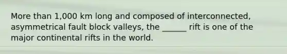 More than 1,000 km long and composed of interconnected, asymmetrical fault block valleys, the ______ rift is one of the major continental rifts in the world.