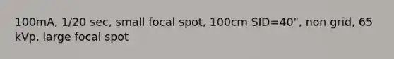 100mA, 1/20 sec, small focal spot, 100cm SID=40", non grid, 65 kVp, large focal spot