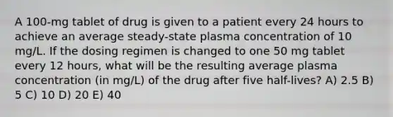 A 100-mg tablet of drug is given to a patient every 24 hours to achieve an average steady-state plasma concentration of 10 mg/L. If the dosing regimen is changed to one 50 mg tablet every 12 hours, what will be the resulting average plasma concentration (in mg/L) of the drug after five half-lives? A) 2.5 B) 5 C) 10 D) 20 E) 40