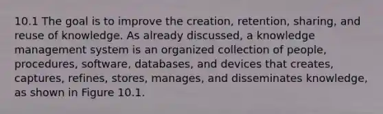 10.1 The goal is to improve the creation, retention, sharing, and reuse of knowledge. As already discussed, a knowledge management system is an organized collection of people, procedures, software, databases, and devices that creates, captures, refines, stores, manages, and disseminates knowledge, as shown in Figure 10.1.