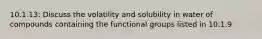 10.1.13: Discuss the volatility and solubility in water of compounds containing the functional groups listed in 10.1.9