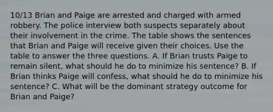 10/13 Brian and Paige are arrested and charged with armed robbery. The police interview both suspects separately about their involvement in the crime. The table shows the sentences that Brian and Paige will receive given their choices. Use the table to answer the three questions. A. If Brian trusts Paige to remain silent, what should he do to minimize his sentence? B. If Brian thinks Paige will confess, what should he do to minimize his sentence? C. What will be the dominant strategy outcome for Brian and Paige?