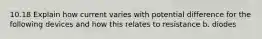 10.18 Explain how current varies with potential difference for the following devices and how this relates to resistance b. diodes