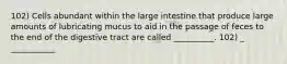 102) Cells abundant within the large intestine that produce large amounts of lubricating mucus to aid in the passage of feces to the end of the digestive tract are called __________. 102) _ ___________