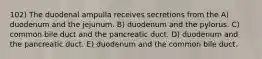 102) The duodenal ampulla receives secretions from the A) duodenum and the jejunum. B) duodenum and the pylorus. C) common bile duct and the pancreatic duct. D) duodenum and the pancreatic duct. E) duodenum and the common bile duct.