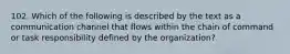 102. Which of the following is described by the text as a communication channel that flows within the chain of command or task responsibility defined by the organization?