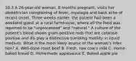 10.3 A 26-year-old woman, 8 months pregnant, visits her obstetrician complaining of fever, myalagia and back ache of recent onset. Three weeks earlier, the patient had been a weekend guest at a rural farmhouse, where all the food was reported to be "unprocessed" and "natural." A culture of the patient's blood shows gram-positive rods that are catalase positive and dis play a distinctive tumbling motility in liquid medium. What is the most likely source of the woman's infec tion? A. Well-done roast beef B. Fresh, raw cow's milk C. Home-baked bread D. Homemade applesauce E. Baked apple pie