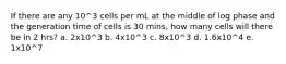 If there are any 10^3 cells per mL at the middle of log phase and the generation time of cells is 30 mins, how many cells will there be in 2 hrs? a. 2x10^3 b. 4x10^3 c. 8x10^3 d. 1.6x10^4 e. 1x10^7