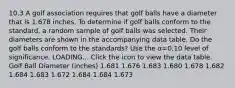 10.3 A golf association requires that golf balls have a diameter that is 1.678 inches. To determine if golf balls conform to the​ standard, a random sample of golf balls was selected. Their diameters are shown in the accompanying data table. Do the golf balls conform to the​ standards? Use the α=0.10 level of significance. LOADING... Click the icon to view the data table. Golf Ball Diameter​ (inches) 1.681 1.676 1.683 1.680 1.678 1.682 1.684 1.683 1.672 1.684 1.684 1.673