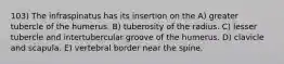 103) The infraspinatus has its insertion on the A) greater tubercle of the humerus. B) tuberosity of the radius. C) lesser tubercle and intertubercular groove of the humerus. D) clavicle and scapula. E) vertebral border near the spine.