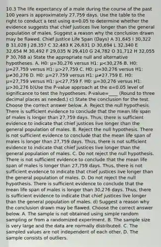10.3 The life expectancy of a male during the course of the past 100 years is approximately 27,759 days. Use the table to the right to conduct a test using α=0.05 to determine whether the evidence suggests that chief justices live longer than the general population of males. Suggest a reason why the conclusion drawn may be flawed. Chief Justice Life Span​ (Days) A 31,645 I 30,322 B 31,028 J 28,357 C 32,483 K 26,631 D 30,694 L 32,340 E 32,654 M 30,492 F 29,035 N 29,410 G 24,782 O 31,712 H 32,055 P 30,768 a) State the appropriate null and alternative hypotheses. A. H0​: μ=30,276 versus H1​: μ 27,759 C. H0​: μ=30,276 versus H1​: μ≠30,276 D. H0​: μ=27,759 versus H1​: μ≠27,759 E. H0​: μ=27,759 versus H1​: μ 30,276 b)Use the​ P-value approach at the α=0.05 level of significance to test the hypotheses. ​P-value=____ ​(Round to three decimal places as​ needed.) c) State the conclusion for the test. Choose the correct answer below. A. Reject the null hypothesis. There is sufficient evidence to conclude that the mean life span of males is longer than 27,759 days.​ Thus, there is sufficient evidence to indicate that chief justices live longer than the general population of males. B. Reject the null hypothesis. There is not sufficient evidence to conclude that the mean life span of males is longer than 27,759 days.​ Thus, there is not sufficient evidence to indicate that chief justices live longer than the general population of males. C. Do not reject the null hypothesis. There is not sufficient evidence to conclude that the mean life span of males is longer than 27,759 days.​ Thus, there is not sufficient evidence to indicate that chief justices live longer than the general population of males. D. Do not reject the null hypothesis. There is sufficient evidence to conclude that the mean life span of males is longer than 30,276 days.​ Thus, there is sufficient evidence to indicate that chief justices live longer than the general population of males. d) Suggest a reason why the conclusion drawn may be flawed. Choose the correct answer below. A. The sample is not obtained using simple random sampling or from a randomized experiment. B. The sample size is very large and the data are normally distributed. C. The sampled values are not independent of each other. D. The sample consists of outliers.