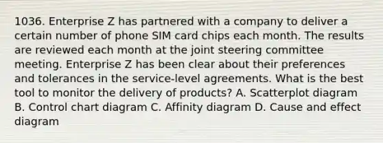 1036. Enterprise Z has partnered with a company to deliver a certain number of phone SIM card chips each month. The results are reviewed each month at the joint steering committee meeting. Enterprise Z has been clear about their preferences and tolerances in the service-level agreements. What is the best tool to monitor the delivery of products? A. Scatterplot diagram B. Control chart diagram C. Affinity diagram D. Cause and effect diagram