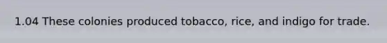 1.04 These colonies produced tobacco, rice, and indigo for trade.