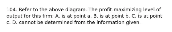 104. Refer to the above diagram. The profit-maximizing level of output for this firm: A. is at point a. B. is at point b. C. is at point c. D. cannot be determined from the information given.