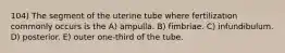 104) The segment of the uterine tube where fertilization commonly occurs is the A) ampulla. B) fimbriae. C) infundibulum. D) posterior. E) outer one-third of the tube.