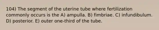 104) The segment of the uterine tube where fertilization commonly occurs is the A) ampulla. B) fimbriae. C) infundibulum. D) posterior. E) outer one-third of the tube.