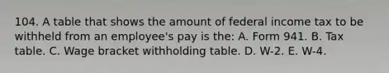 104. A table that shows the amount of federal income tax to be withheld from an employee's pay is the: A. Form 941. B. Tax table. C. Wage bracket withholding table. D. W-2. E. W-4.