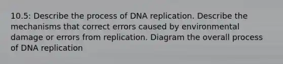 10.5: Describe the process of DNA replication. Describe the mechanisms that correct errors caused by environmental damage or errors from replication. Diagram the overall process of DNA replication