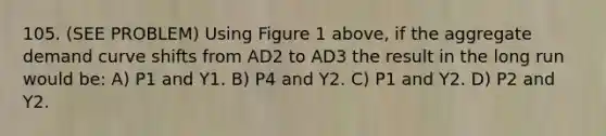 105. (SEE PROBLEM) Using Figure 1 above, if the aggregate demand curve shifts from AD2 to AD3 the result in the long run would be: A) P1 and Y1. B) P4 and Y2. C) P1 and Y2. D) P2 and Y2.