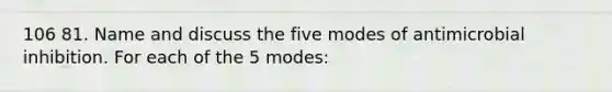 106 81. Name and discuss the five modes of antimicrobial inhibition. For each of the 5 modes: