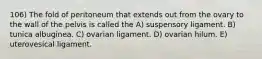 106) The fold of peritoneum that extends out from the ovary to the wall of the pelvis is called the A) suspensory ligament. B) tunica albuginea. C) ovarian ligament. D) ovarian hilum. E) uterovesical ligament.