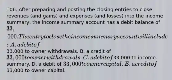 106. After preparing and posting the <a href='https://www.questionai.com/knowledge/kosjhwC4Ps-closing-entries' class='anchor-knowledge'>closing entries</a> to close revenues (and gains) and expenses (and losses) into the income summary, the income summary account has a debit balance of 33,000. The entry to close the income summary account will include: A. a debit of33,000 to owner withdrawals. B. a credit of 33,000 to owner withdrawals. C. a debit of33,000 to income summary. D. a debit of 33,000 to owner capital. E. a credit of33,000 to owner capital.