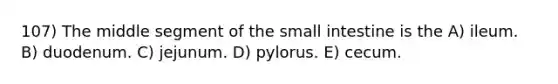 107) The middle segment of <a href='https://www.questionai.com/knowledge/kt623fh5xn-the-small-intestine' class='anchor-knowledge'>the small intestine</a> is the A) ileum. B) duodenum. C) jejunum. D) pylorus. E) cecum.