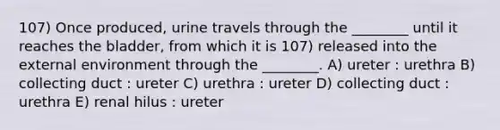 107) Once produced, urine travels through the ________ until it reaches the bladder, from which it is 107) released into the external environment through the ________. A) ureter : urethra B) collecting duct : ureter C) urethra : ureter D) collecting duct : urethra E) renal hilus : ureter